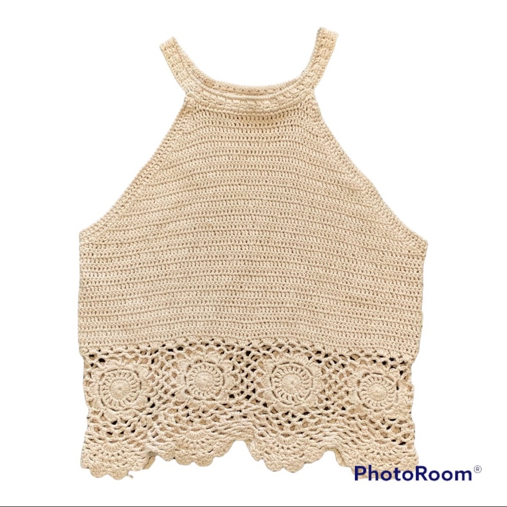 Blue Rain Women's Cream Crochet Halter Crop Top Size Small Boho Floral Medallion